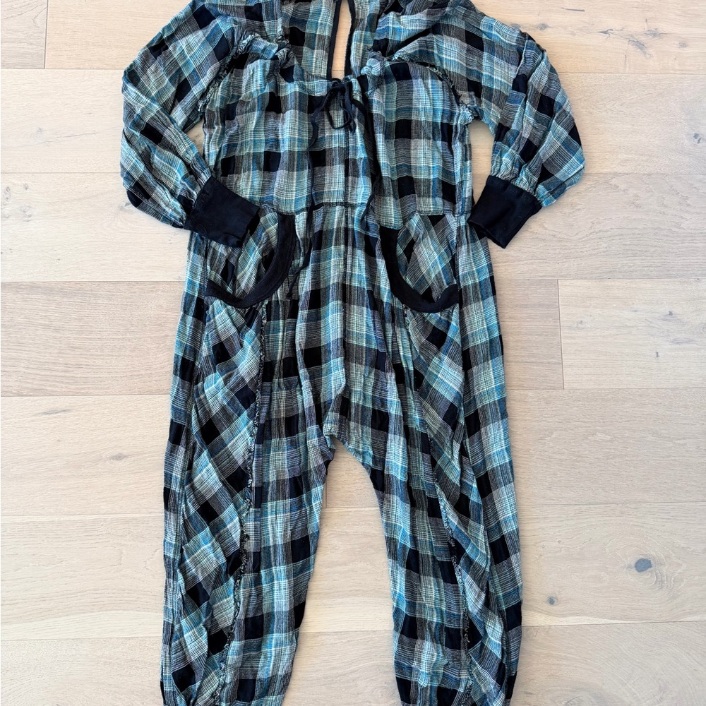 Free People Black and Blue Plaid Pajama Romper